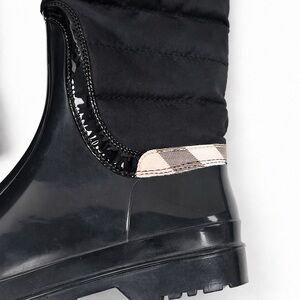 Burberry Black Quilted Mid-Calf Rain Boot with Beige Check Trim